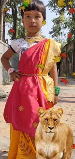 Child in traditional attire with a lion amidst falling leaves.