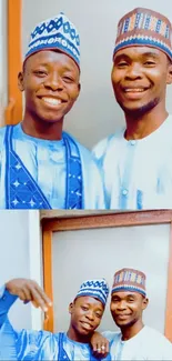 Two smiling men in stunning traditional attire.