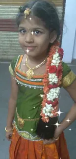 Young girl in traditional Indian dress with floral accents.