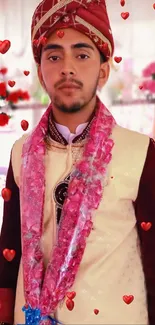 Man in traditional attire with red and pink accents.