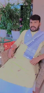 Man in traditional attire seated with green plants behind.