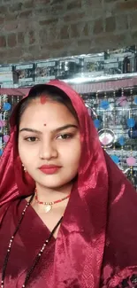 Woman in traditional crimson attire, indoors.