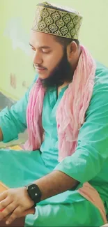 Man in traditional green attire with pink scarf.