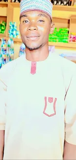 Man in traditional attire inside a colorful shop.