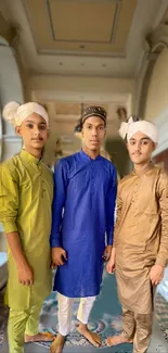 Three individuals in traditional attire standing indoors with arched windows.