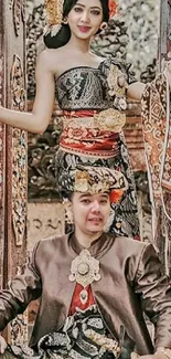 Balinese couple in traditional attire with a historic brick backdrop.