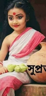 Young girl in traditional Bengali attire with a pot and flowers.