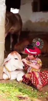 A young girl in traditional clothing with a cow.