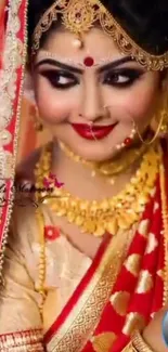 Traditional bride in red saree with ornate jewelry.