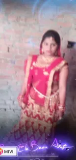 Traditional bride in colorful attire against a rustic brick wall background.