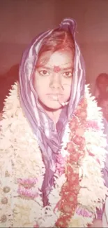 Vintage photo of a traditional bride adorned with flowers and jewelry.