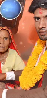 Traditional celebration with cultural attire in an orange setting.