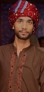 Portrait in traditional attire with a vibrant turban and embroidered shirt.