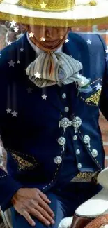 Traditional charro rider in navy suit with rustic backdrop.