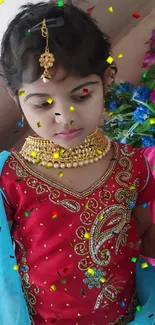 Child in traditional dress with red and blue hues, adorned with gold jewelry.