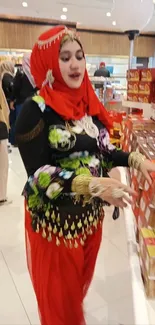 Woman in traditional attire shopping in a vibrant store.