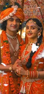 Indian couple in traditional attire with decorative umbrella and vibrant colors.