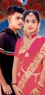 Traditional Indian couple in vibrant attire on mobile wallpaper.