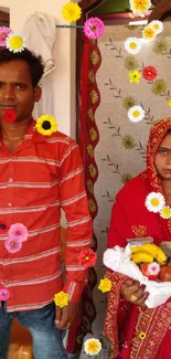 Couple in traditional attire with fruit basket.