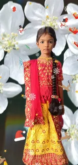 Girl in traditional attire with white flowers over dark background.