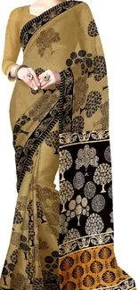 Elegant Indian saree mobile wallpaper in beige and black tones.