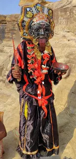 Person in traditional festive costume with vibrant colors.