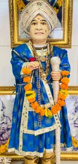 Indian figurine in blue robe with garlands, set in ornate frame.