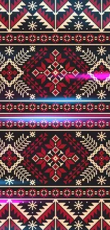 Traditional geometric mobile wallpaper with black, red, and beige design.