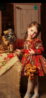 Young girl in colorful traditional dress with a rustic background.