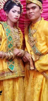 Traditional attire with golden embroidery against a pink backdrop.