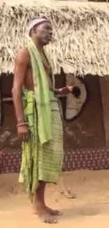 Man in traditional attire by a rustic hut in a village setting.