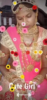 Indian bride adorned with jewelry and vibrant flowers.