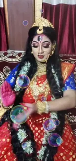 Indian dancer in vibrant saree and gold jewelry with bubbles.