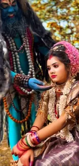 Traditional Indian attire with colorful jewelry on a woman and a figure in blue body paint.