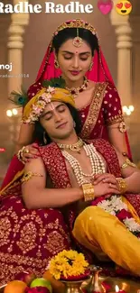 Indian couple in vibrant traditional wedding attire embracing.