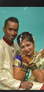 Joyful Indian couple in traditional attire at wedding.