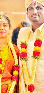 Indian couple at traditional wedding ceremony with floral garlands.