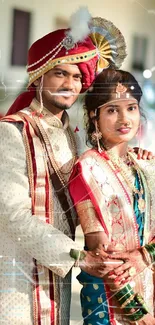 Traditional Indian wedding couple in vibrant attire.