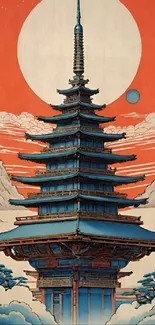 Illustrated Japanese temple with red sun background.