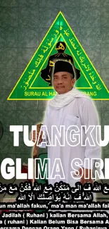 Traditional leader in cultural attire with a green background and text overlay.