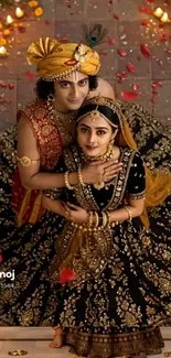 Regal couple in traditional Indian attire with intricate designs.