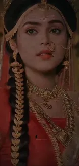 Beautiful woman in traditional regal attire with golden jewelry.