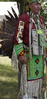 Vibrant Native American regalia with feathers and embroidery.