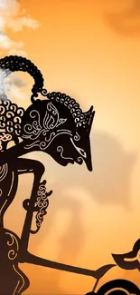 Traditional shadow puppet art with ornate designs against an amber background.