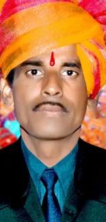 Vibrant portrait with traditional orange turban.