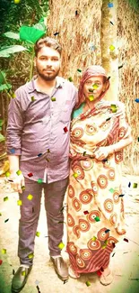 Village family portrait with traditional attire and rustic backdrop.