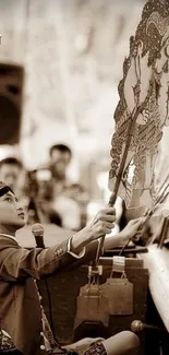 Sepia-toned image of a traditional wayang performance with shadow puppets.