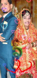 Joyous couple in traditional wedding attire with colorful hearts.