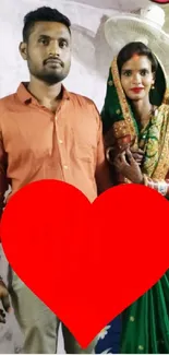 Happy couple in traditional wedding attire with a red heart overlay.