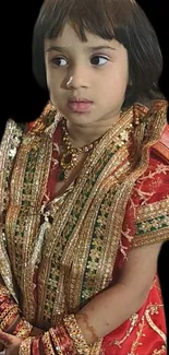 Child in traditional ornate attire with black background.